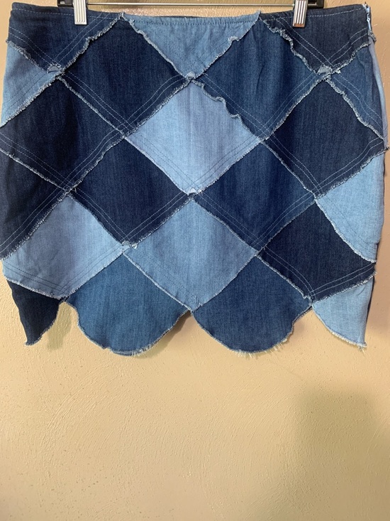 Dresses & Skirts - 32. Traffic Jean Wear 16W Patchwork Diamond Denim Mini Skirt Scalloped Hem NWT